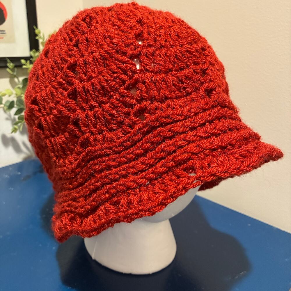 Handmade Dark Red Crochet Slouchy Bucket Hat OS Open Knit Scalloped Y2K Boho